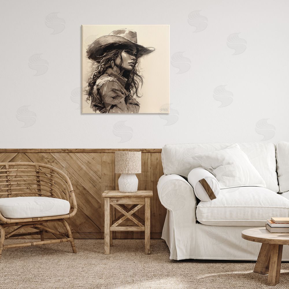 RB Stoic Cowgirl Looking Away Canvas Wall Art Print in Room