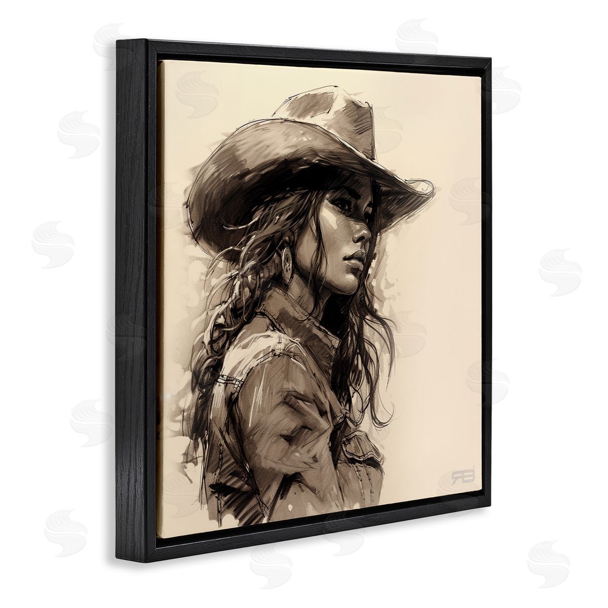 RB Stoic Cowgirl Looking Away Black Floating Frame Canvas Wall Art Print
