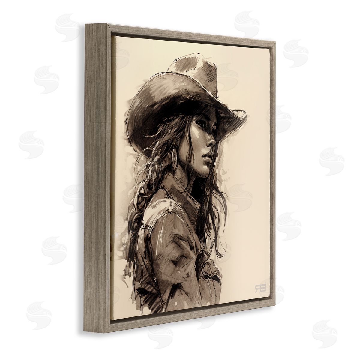 RB Stoic Cowgirl Looking Away Brown Floating Frame Canvas Wall Art Print