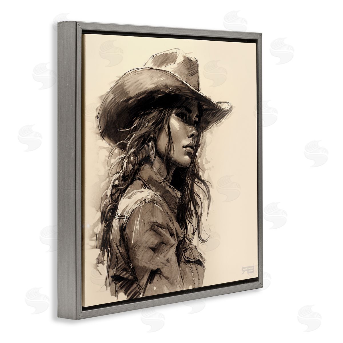 RB Stoic Cowgirl Looking Away Gray Floating Frame Canvas Wall Art Print