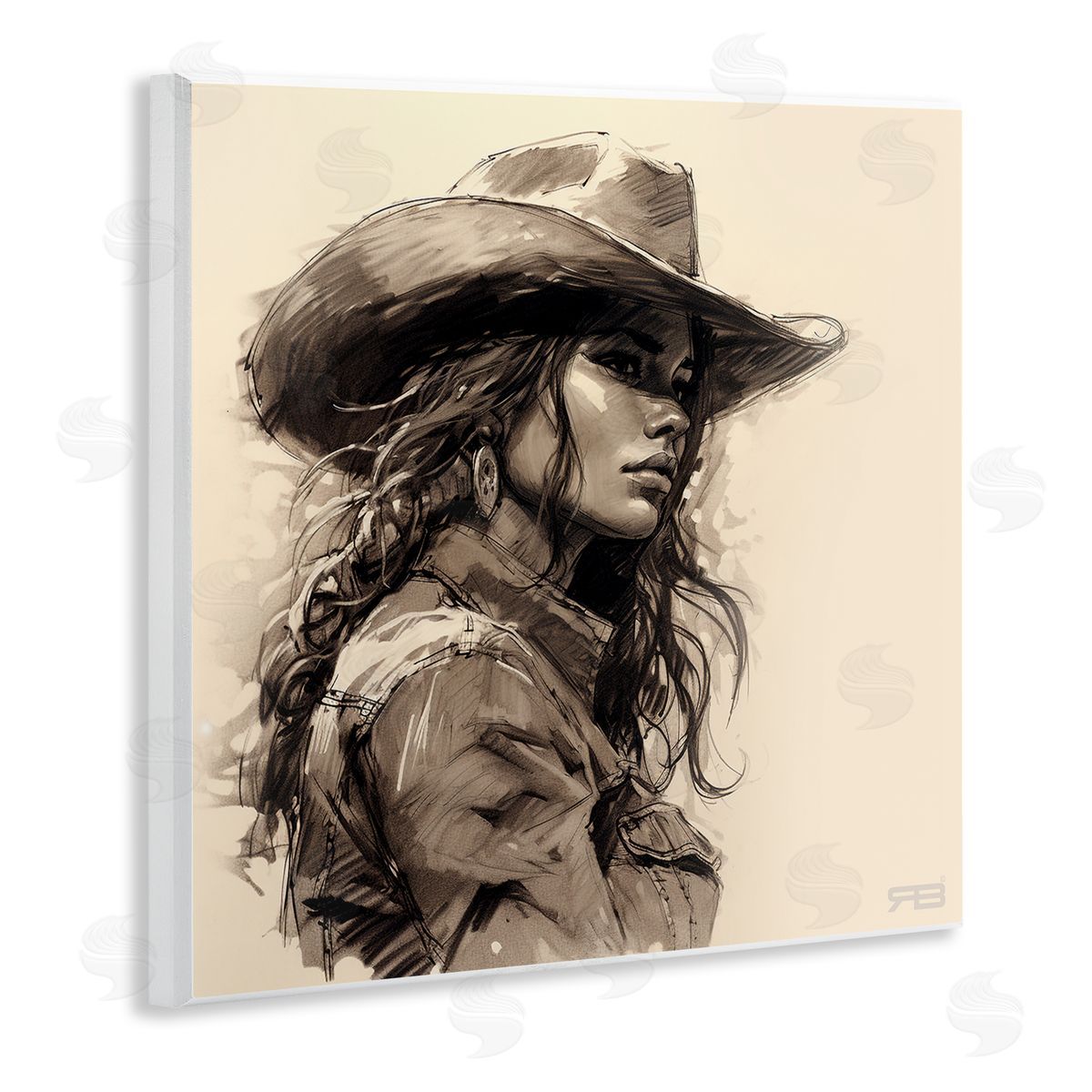 RB Stoic Cowgirl Looking Away Wooden Wall Plaque Art Print