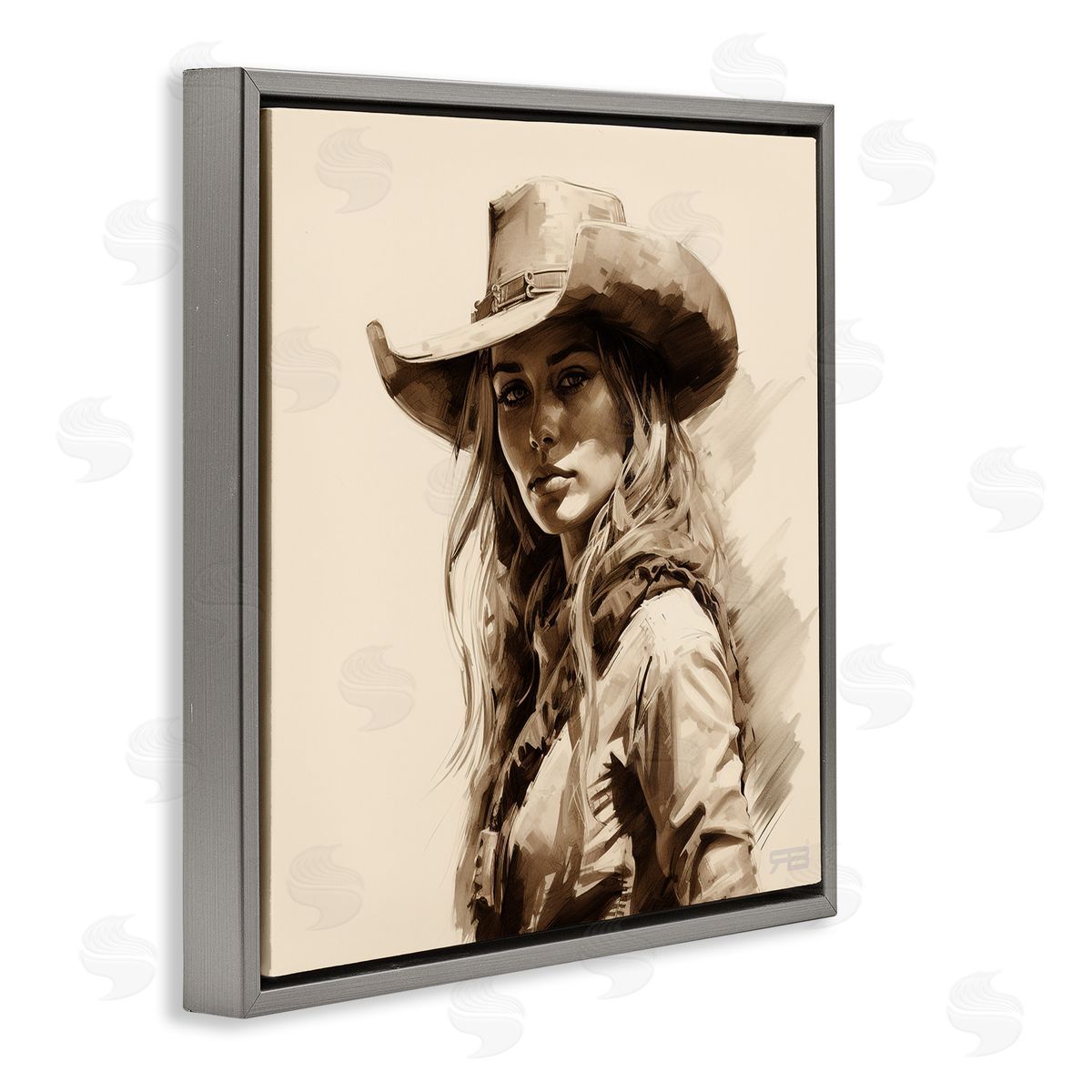 RB Western Cowgirl Gaze Gray Floating Frame Canvas Wall Art Print
