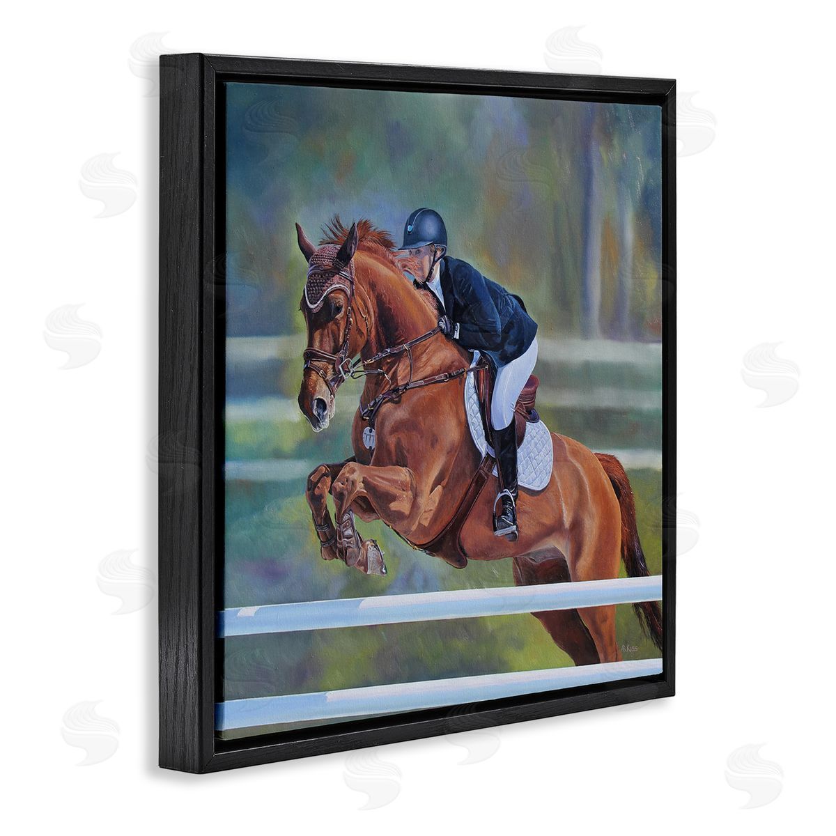Andrew Kiss Jockey Jumping Hurdles Black Floating Frame Canvas Wall Art Print