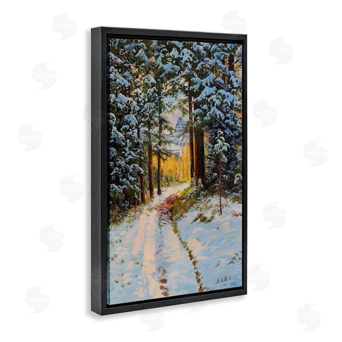 Andrew Kiss Snowy Forest Trail Black Floating Frame Canvas Wall Art Print