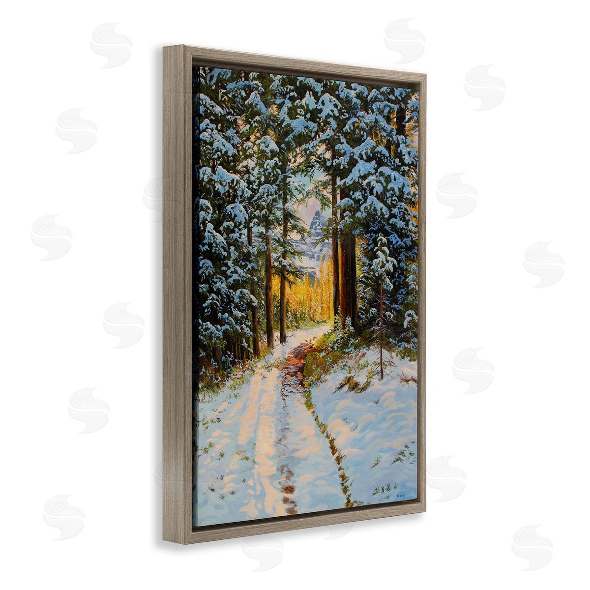 Andrew Kiss Snowy Forest Trail Brown Floating Frame Canvas Wall Art Print