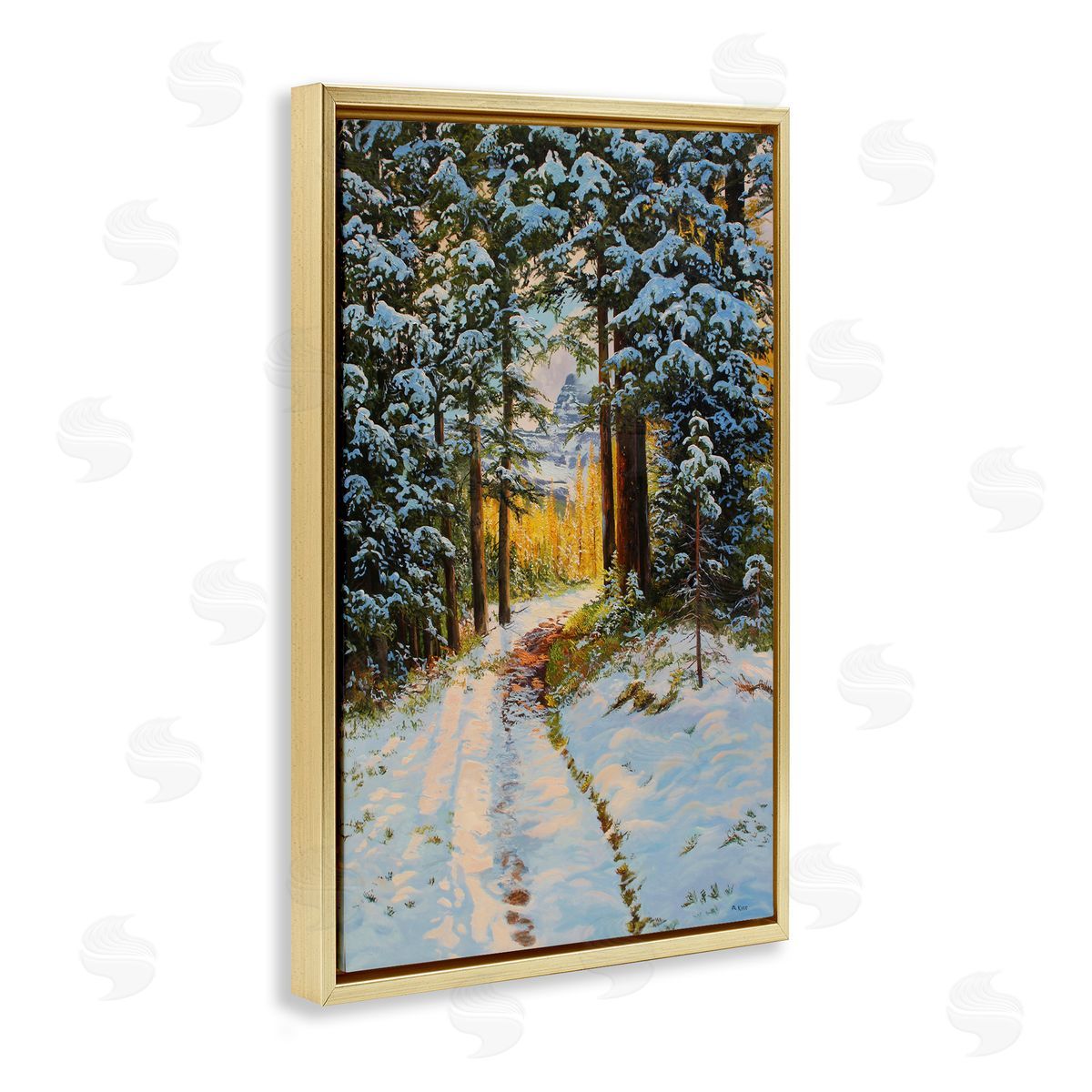 Andrew Kiss Snowy Forest Trail Gold Floating Frame Canvas Wall Art Print