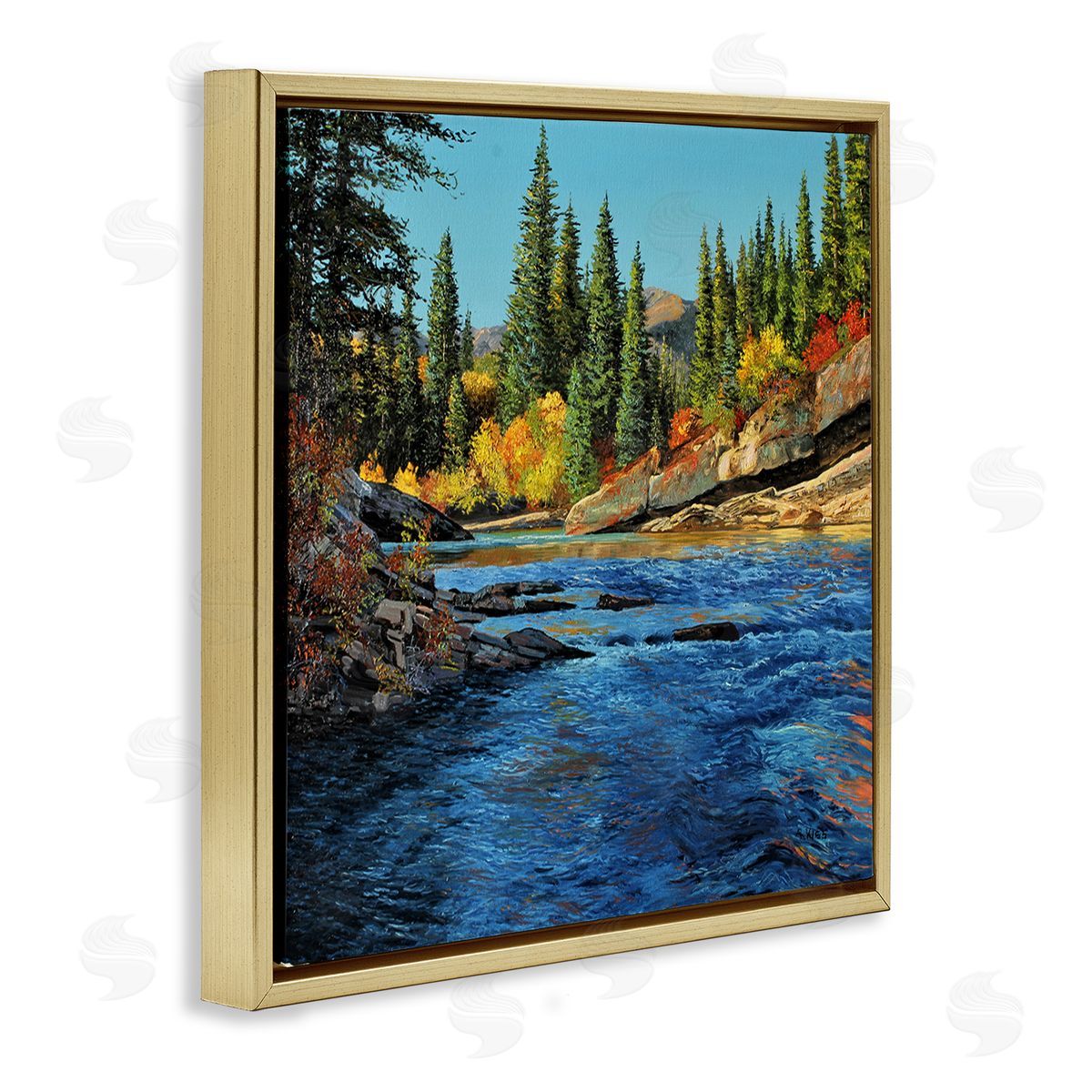 Andrew Kiss Morning Rushing River Gold Floating Frame Canvas Wall Art Print
