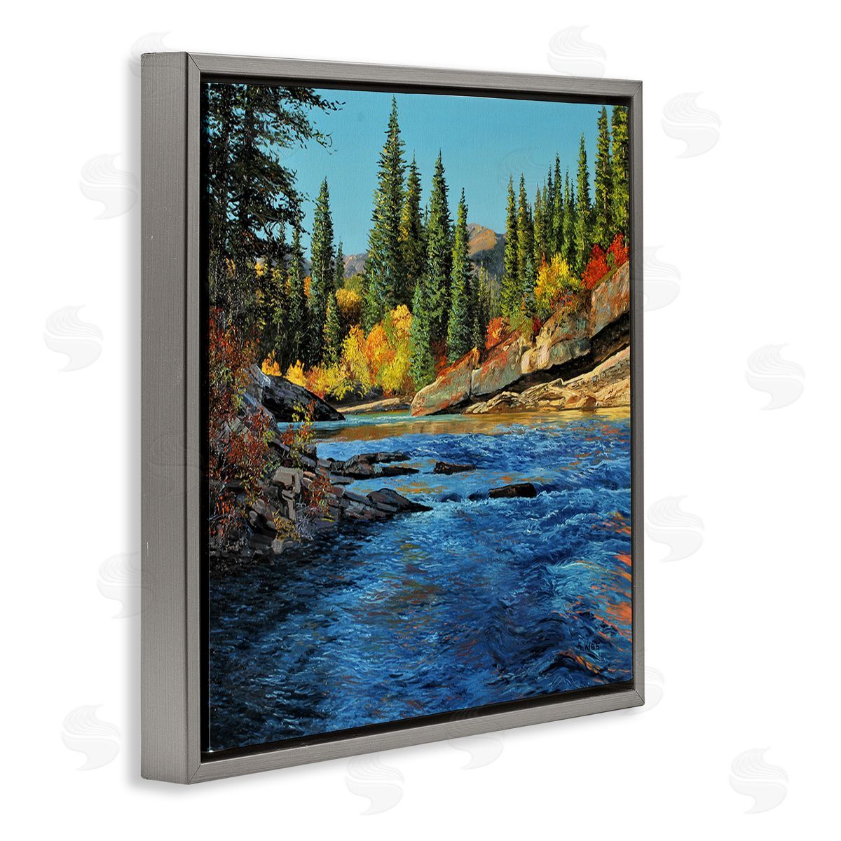 Andrew Kiss Morning Rushing River Gray Floating Frame Canvas Wall Art Print