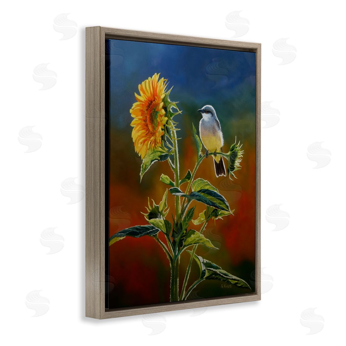 Andrew Kiss Western Kingbird & Flower Brown Floating Frame Canvas Wall Art Print