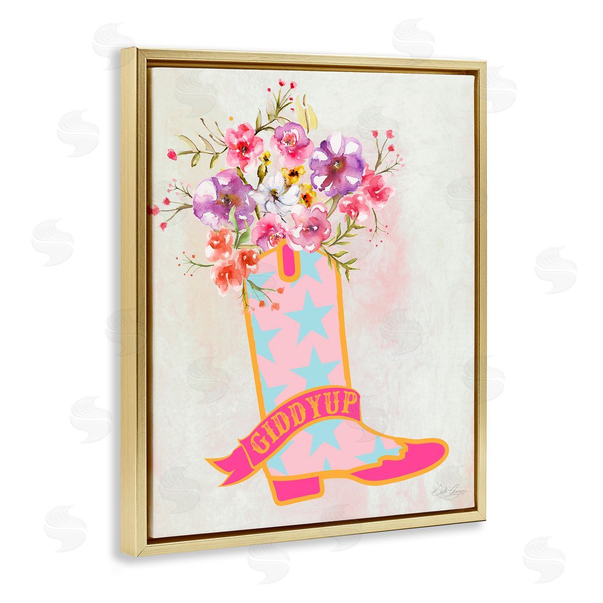 Stella Chang Giddy Up Floral Cowgirl Gold Floating Frame Canvas Wall Art Print