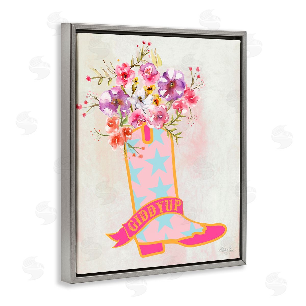Stella Chang Giddy Up Floral Cowgirl Gray Floating Frame Canvas Wall Art Print
