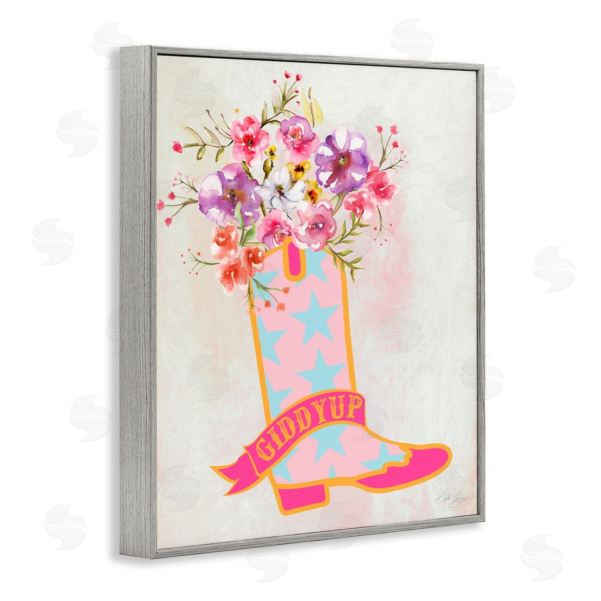 Stella Chang Giddy Up Floral Cowgirl Gray Framed Giclee Wall Art Print