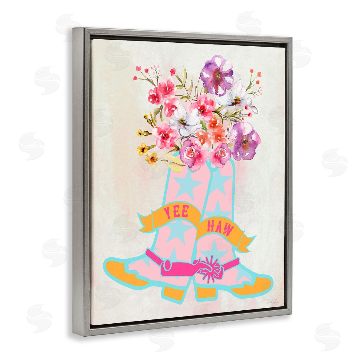 Stella Chang Yee Haw Floral Cowgirl Gray Floating Frame Canvas Wall Art Print