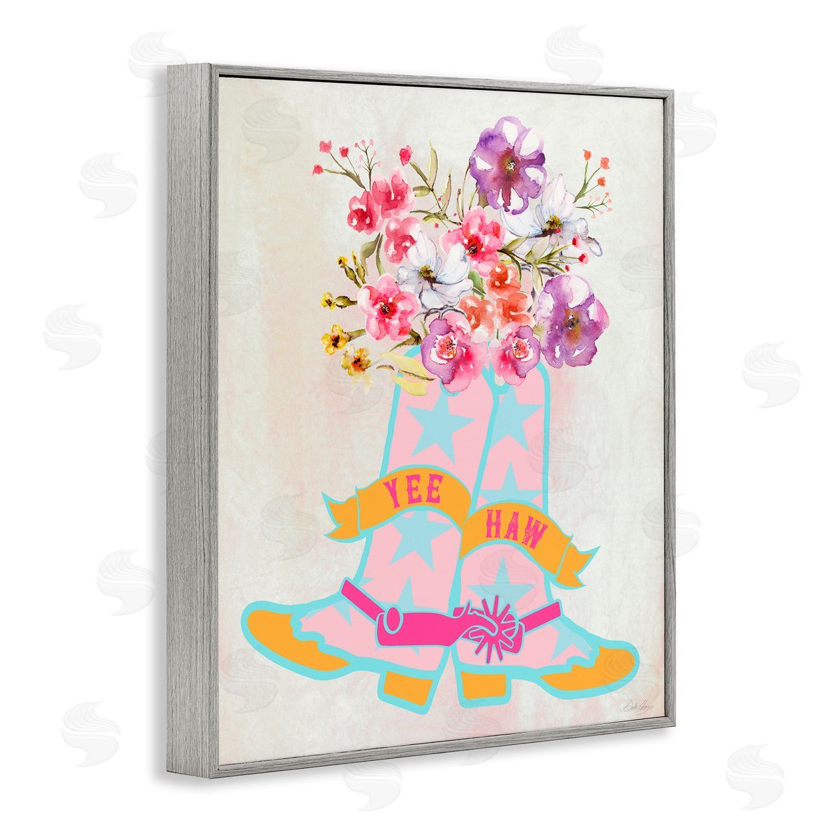 Stella Chang Yee Haw Floral Cowgirl Gray Framed Giclee Wall Art Print