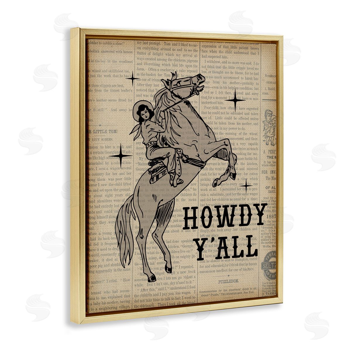 Daniela Santiago Howdy Y'all Vintage Newspaper Gold Floating Frame Canvas Wall Art Print