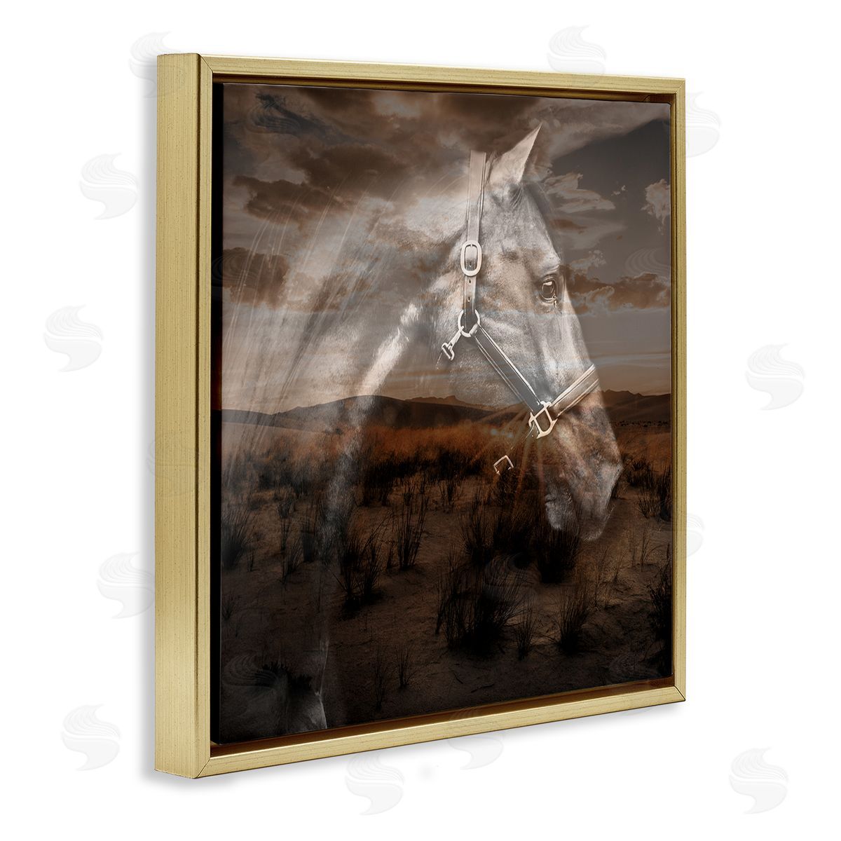 Horse over Nature Visage Gold Floating Frame Canvas Wall Art, Home Decor by CAD Designs