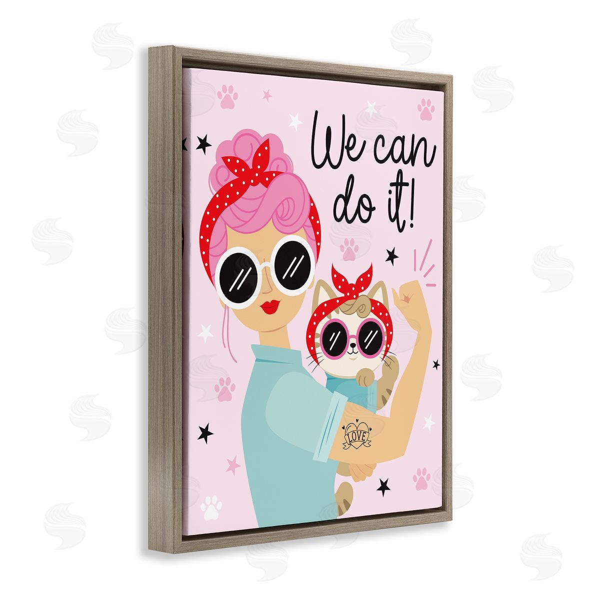 Ilis Avilés We Can Girl & Cat Brown Floating Frame Canvas Wall Art Print