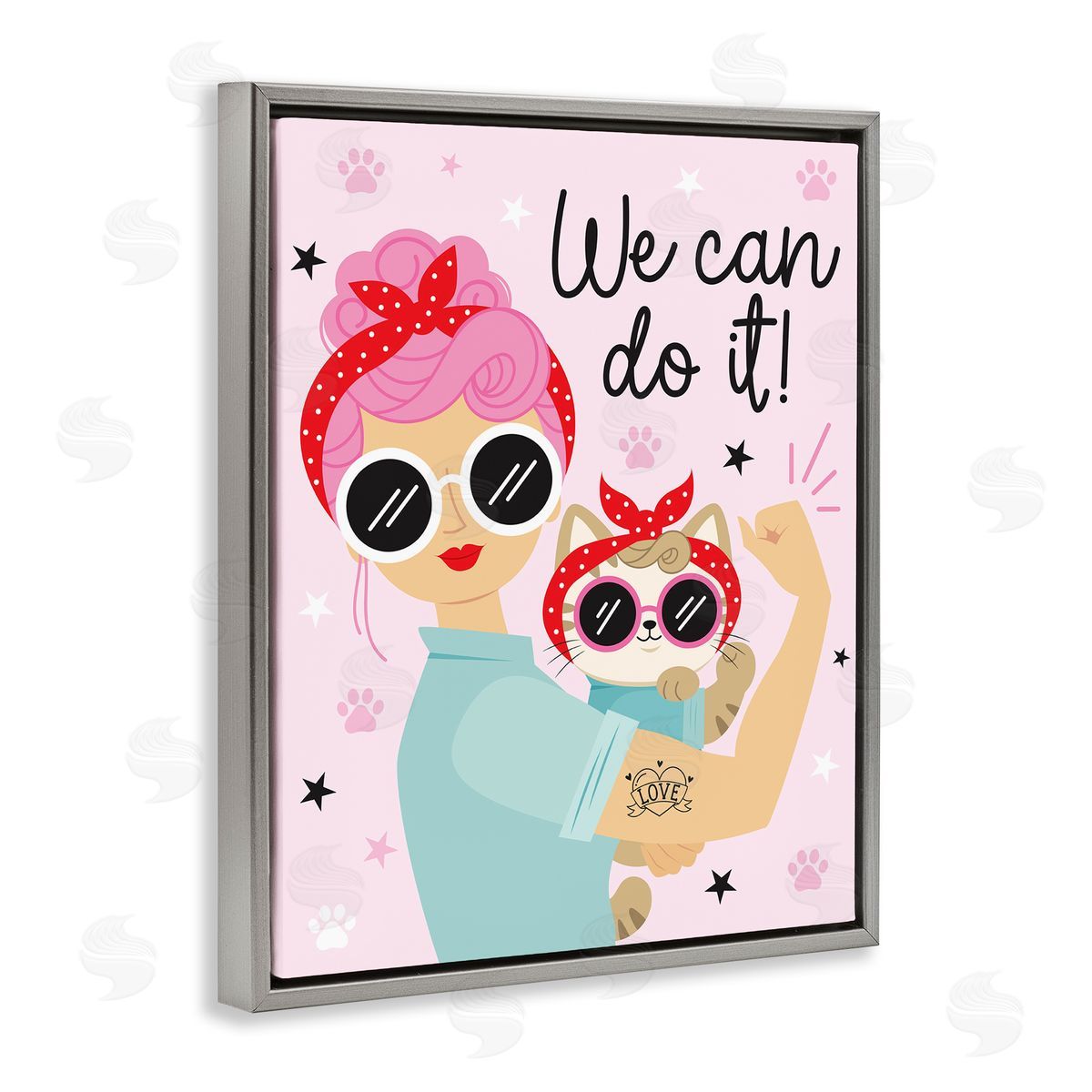 Ilis Avilés We Can Girl & Cat Gray Floating Frame Canvas Wall Art Print