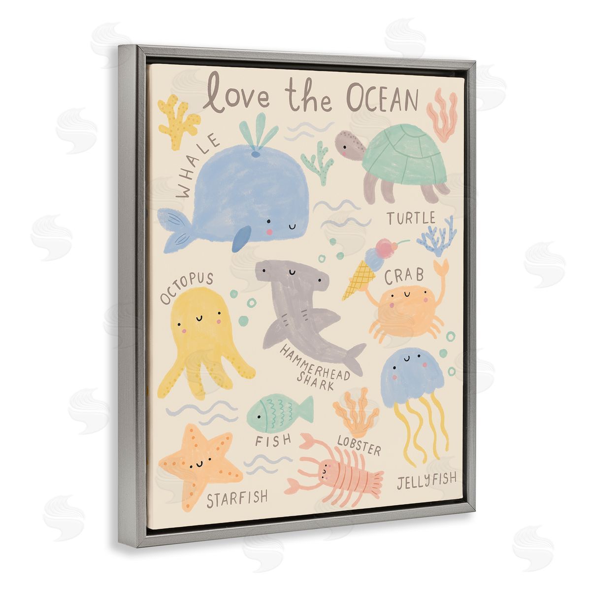 Lisa Barlow Love The Ocean Creatures Gray Floating Frame Canvas Wall Art Print