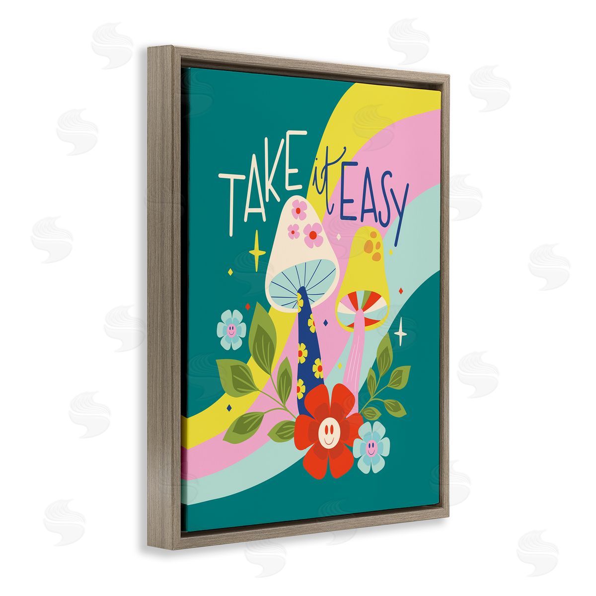 Louise Allen Designs Take It Easy Mushrooms Brown Floating Frame Canvas Wall Art Print