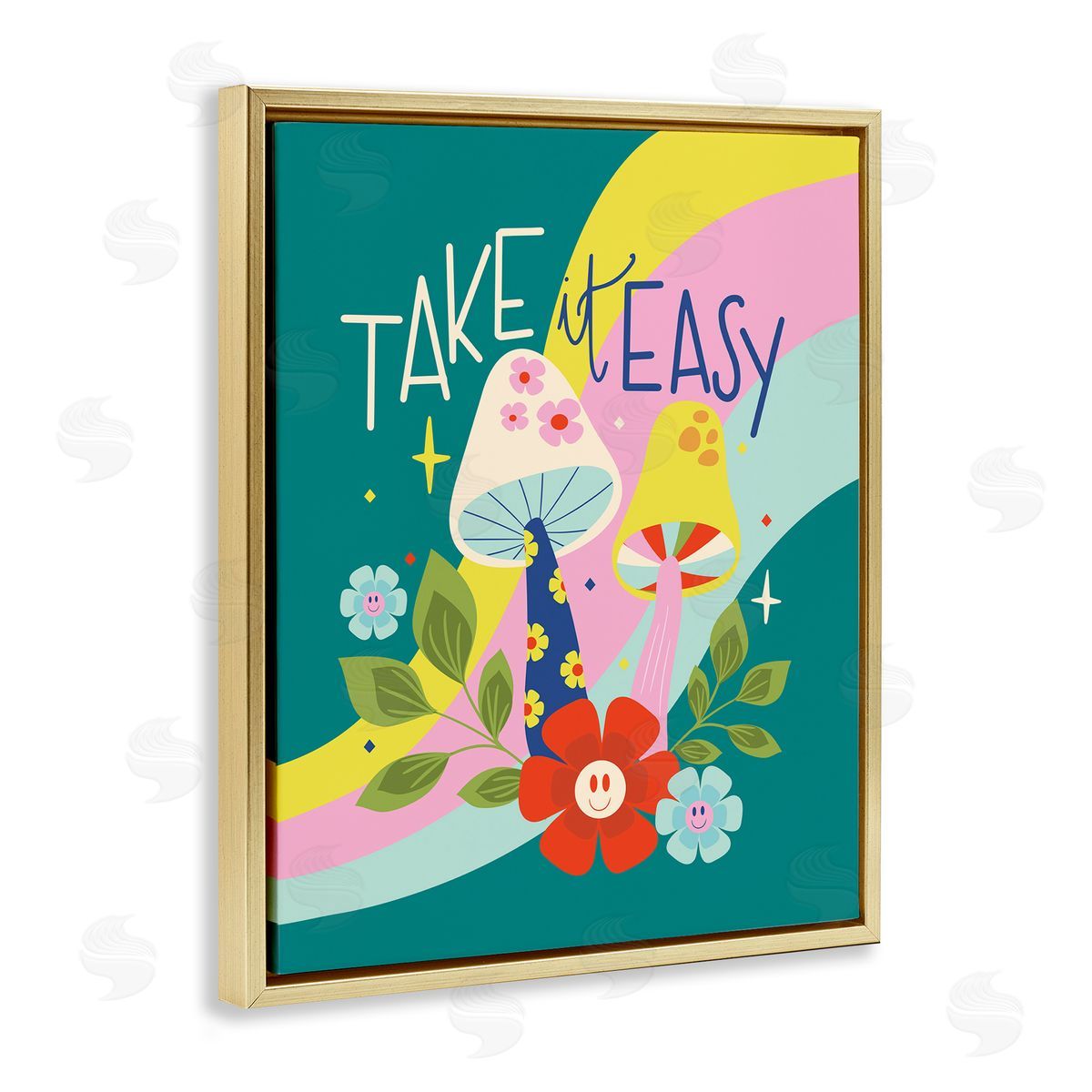 Louise Allen Designs Take It Easy Mushrooms Gold Floating Frame Canvas Wall Art Print