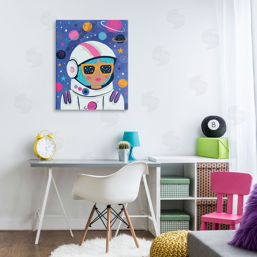 Lisa Perry Whitebutton Astronaut Gal in Space Canvas Wall Art Print in Room