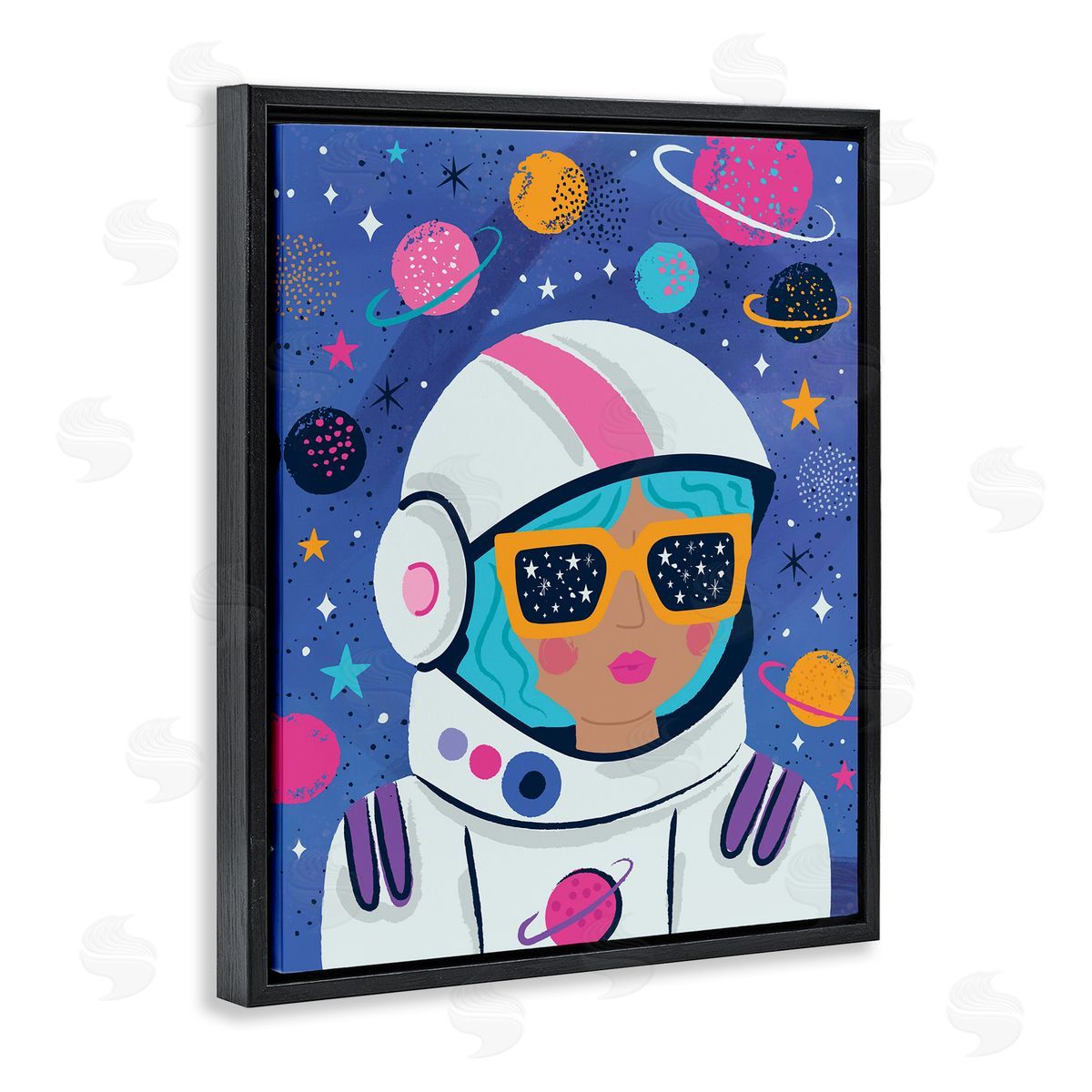Lisa Perry Whitebutton Astronaut Gal in Space Black Floating Frame Canvas Wall Art Print