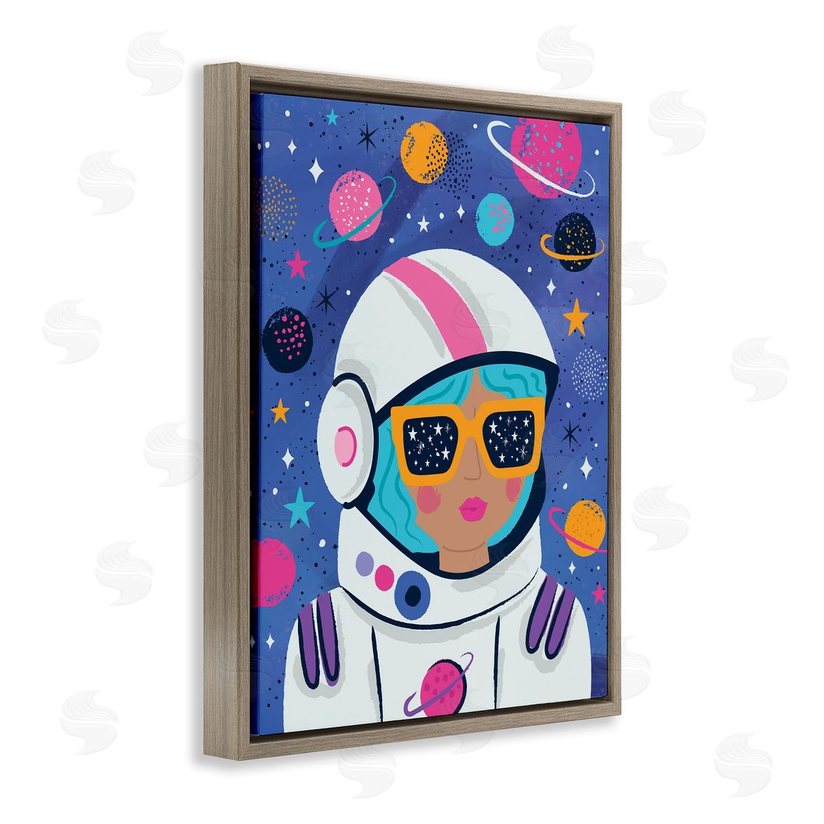Lisa Perry Whitebutton Astronaut Gal in Space Brown Floating Frame Canvas Wall Art Print
