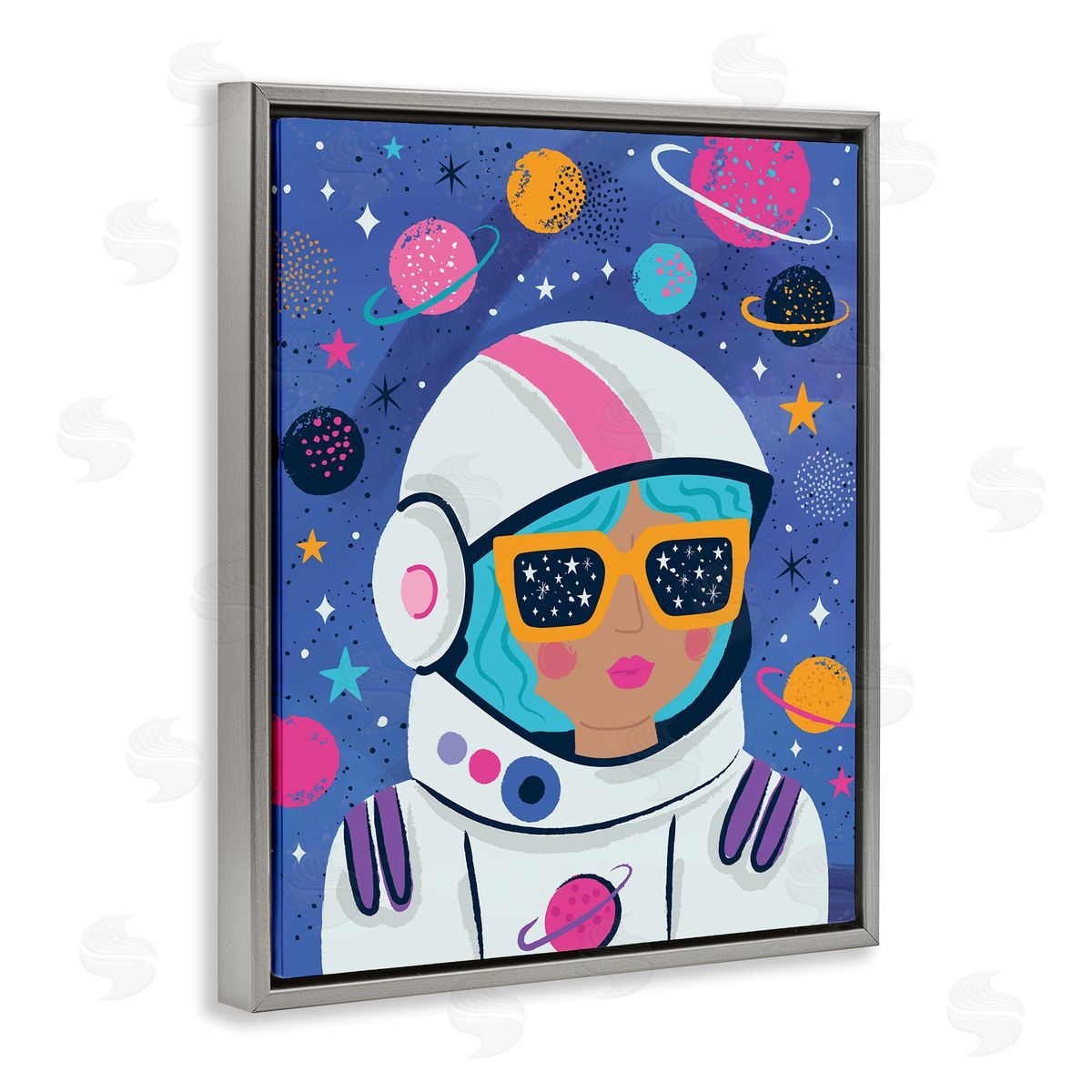 Lisa Perry Whitebutton Astronaut Gal in Space Gray Floating Frame Canvas Wall Art Print