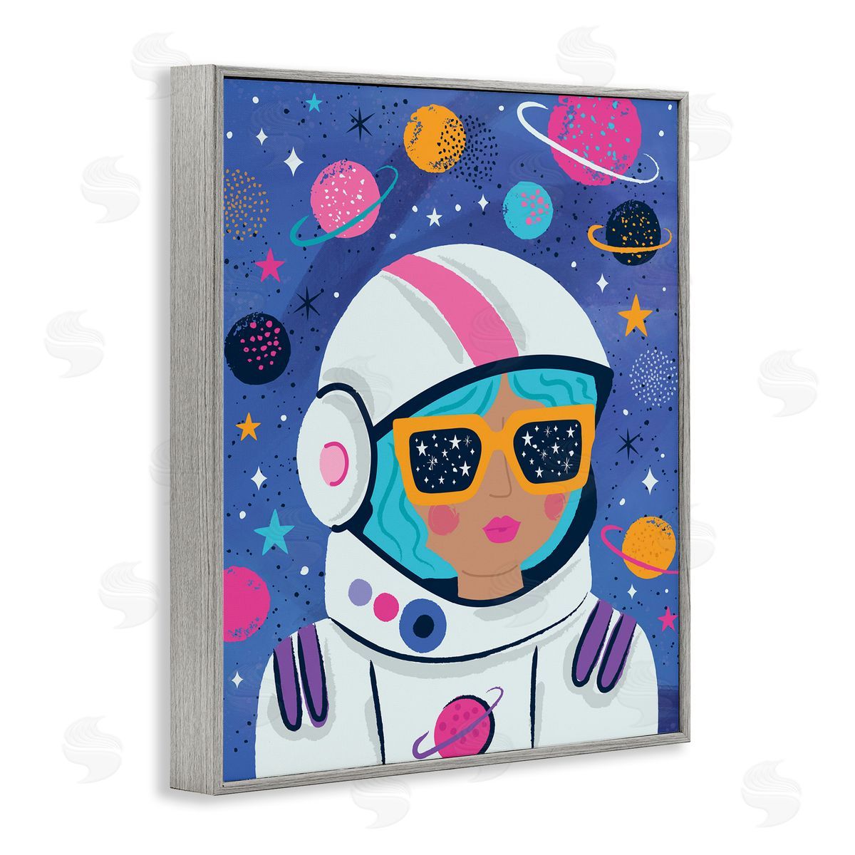 Lisa Perry Whitebutton Astronaut Gal in Space Gray Framed Giclee Wall Art Print