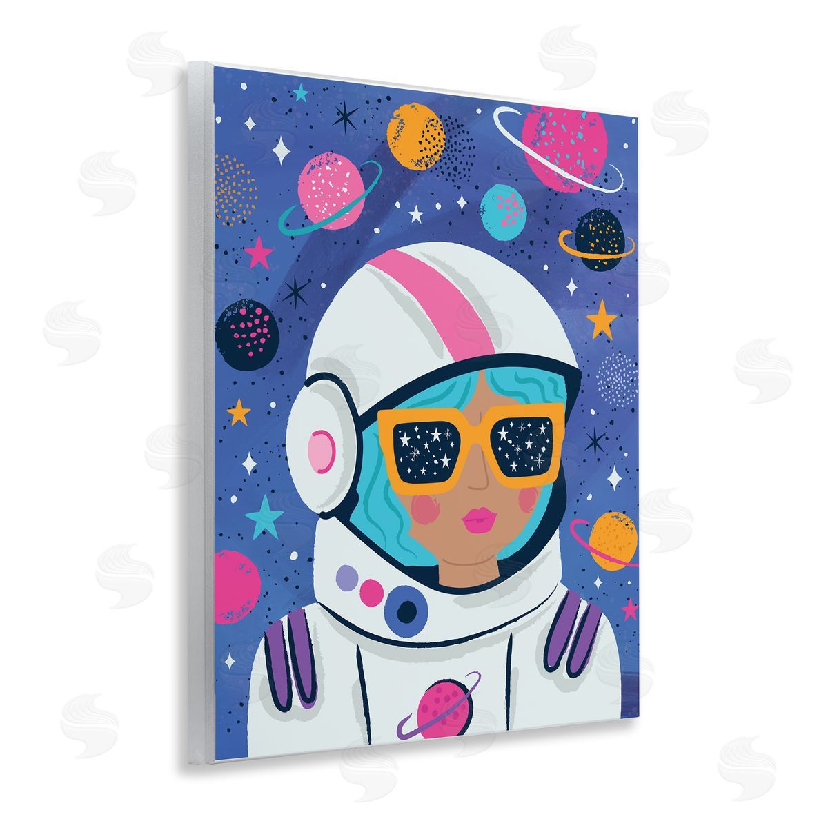 Lisa Perry Whitebutton Astronaut Gal in Space Wooden Wall Plaque Art Print