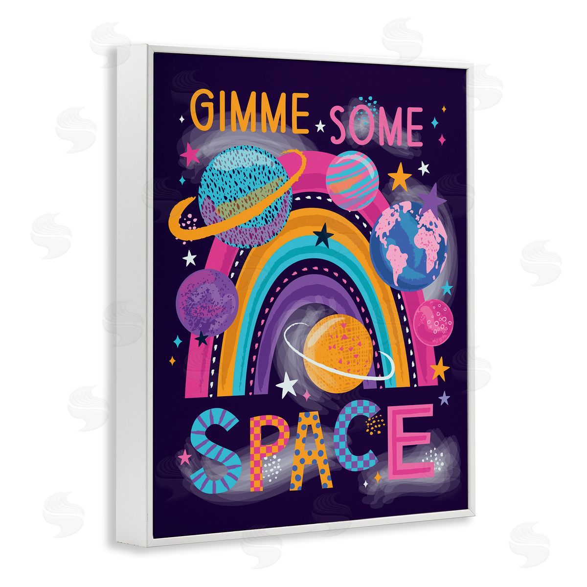 Lisa Perry Whitebutton Gimme Space Planets & Rainbow White Framed Giclee Wall Art Print