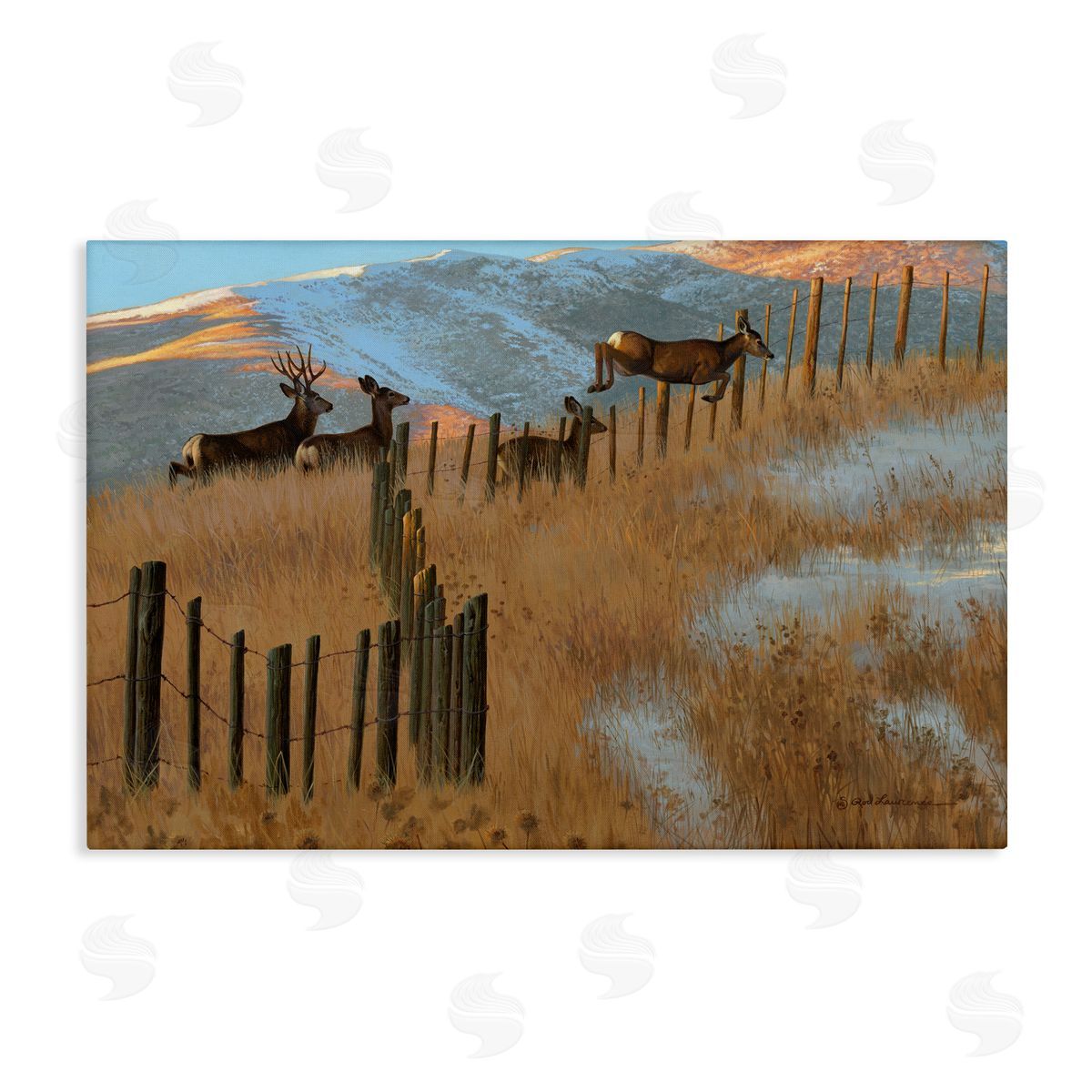 Rod Lawrence Deer Jumping Country Fence Canvas Wall Art Print