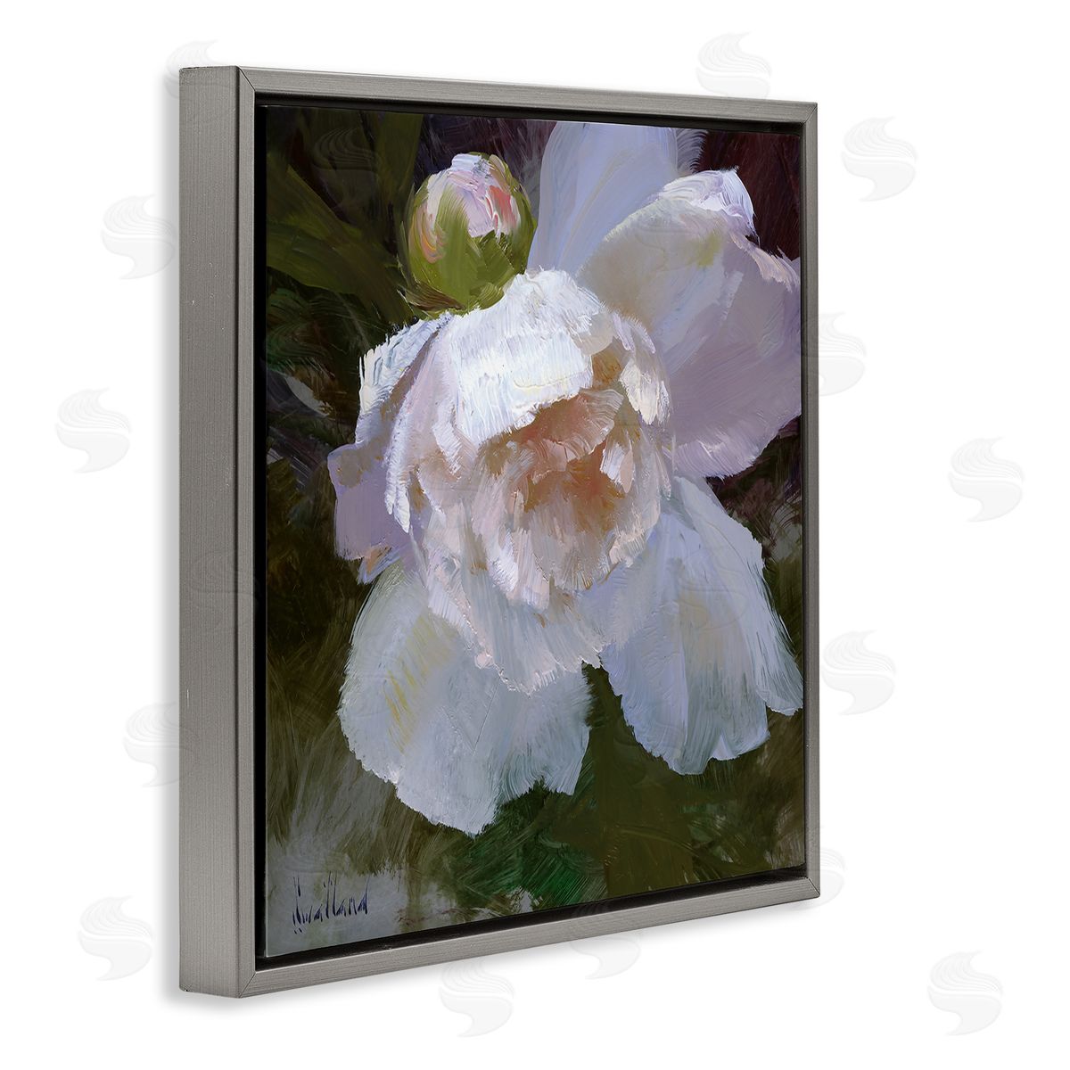 Katie Swatland Ruffled Petals White Flower Gray Floating Frame Canvas Wall Art Print