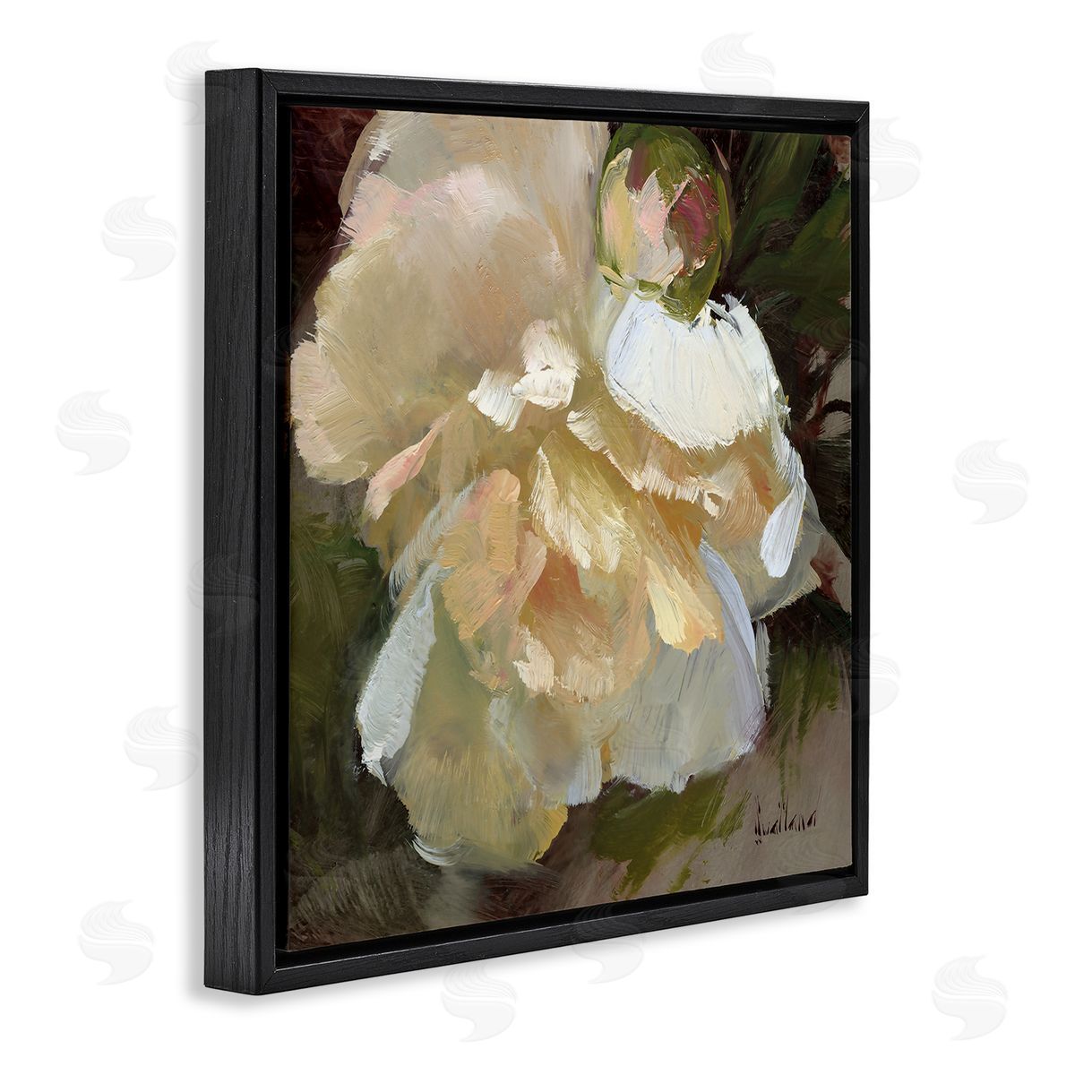 Katie Swatland Ruffled White Flower Black Floating Frame Canvas Wall Art Print
