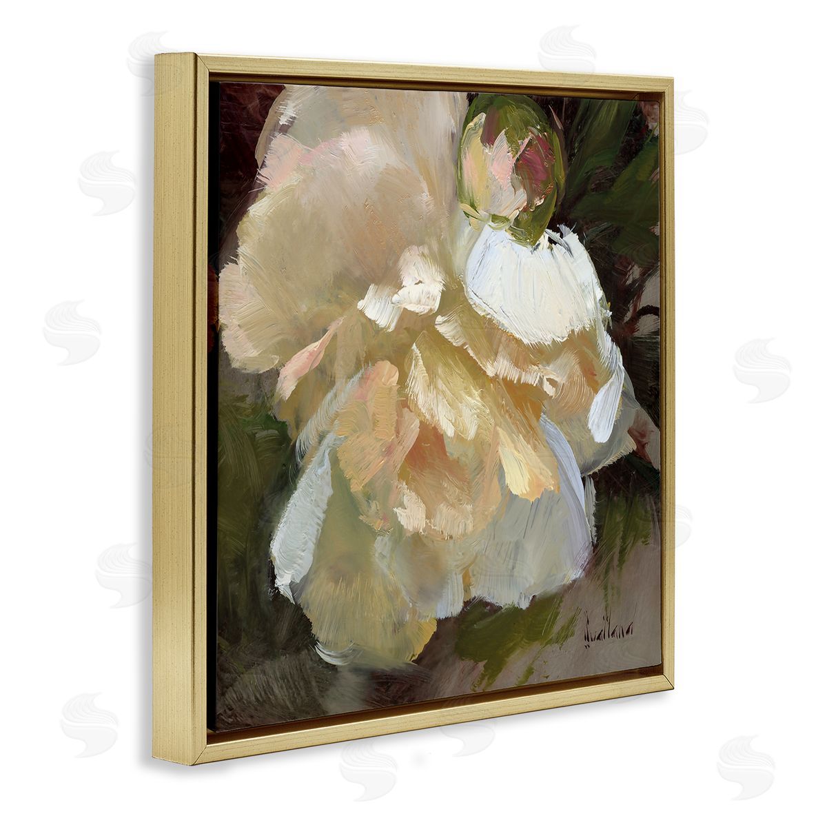 Katie Swatland Ruffled White Flower Gold Floating Frame Canvas Wall Art Print