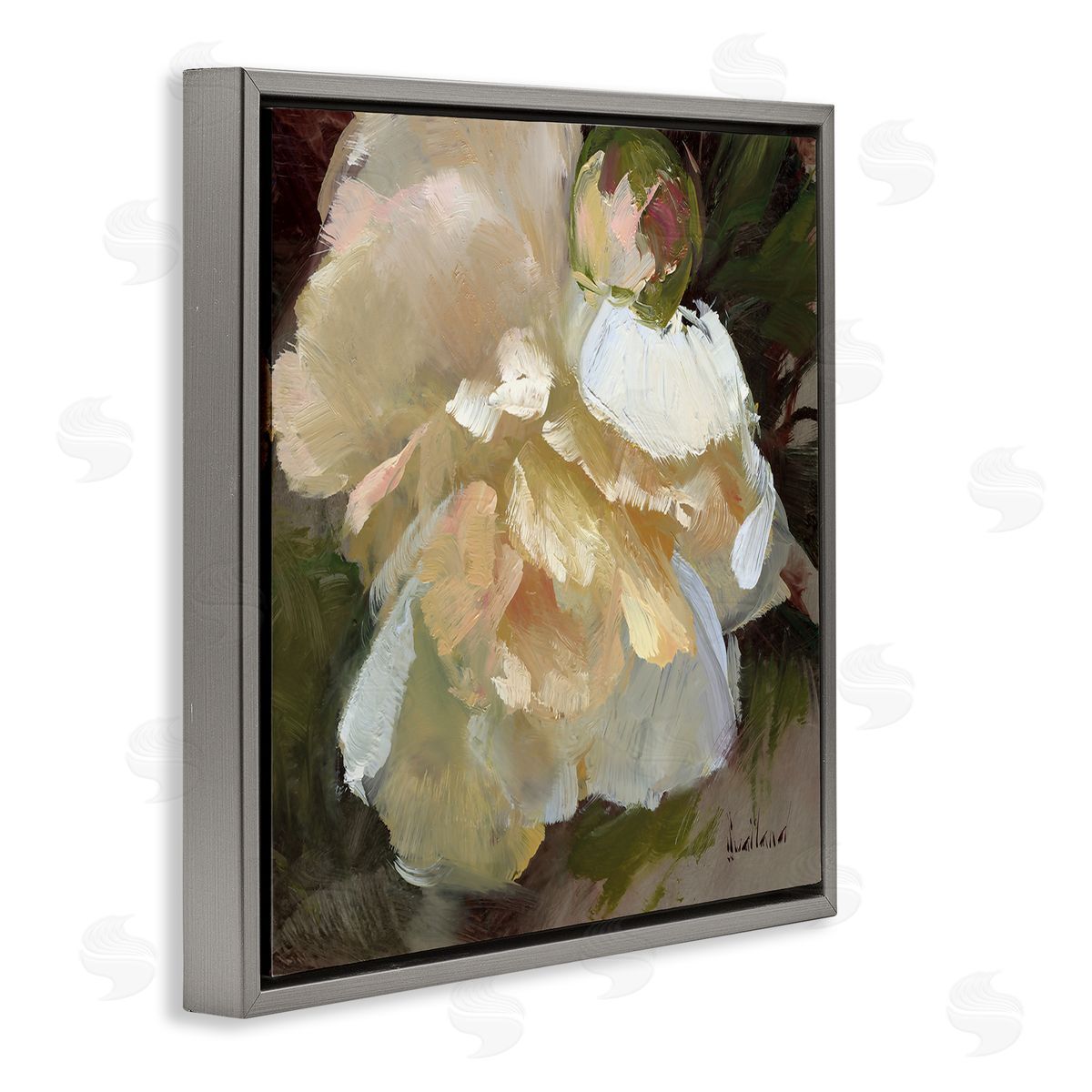 Katie Swatland Ruffled White Flower Gray Floating Frame Canvas Wall Art Print