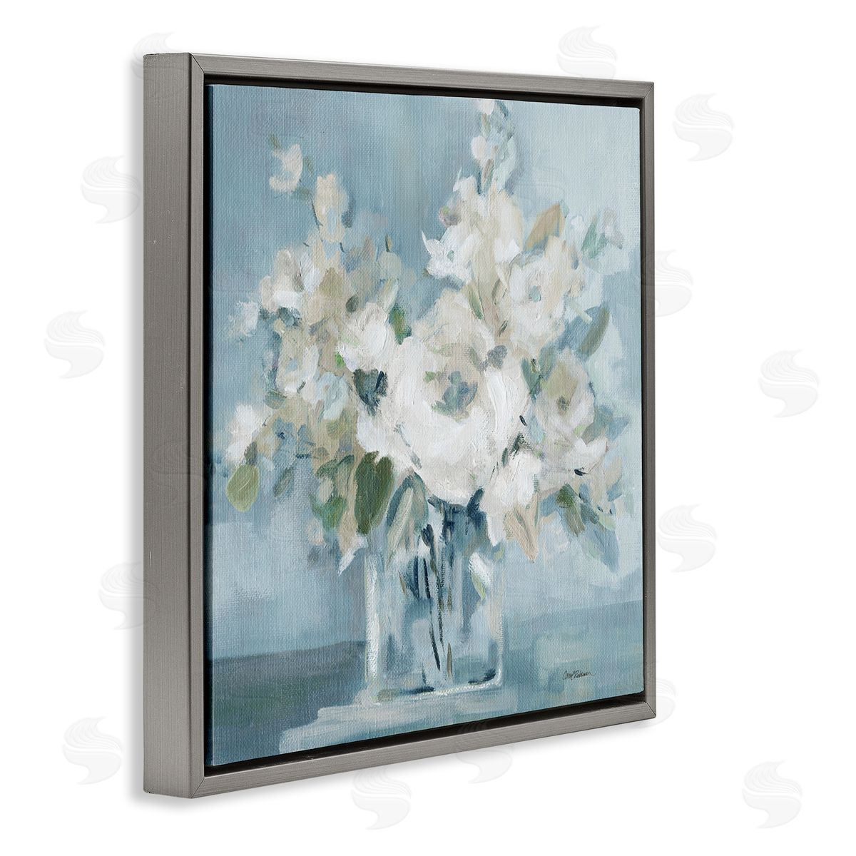 Carol Robinson Soft White Blossoms Vase Gray Floating Frame Canvas Wall Art Print