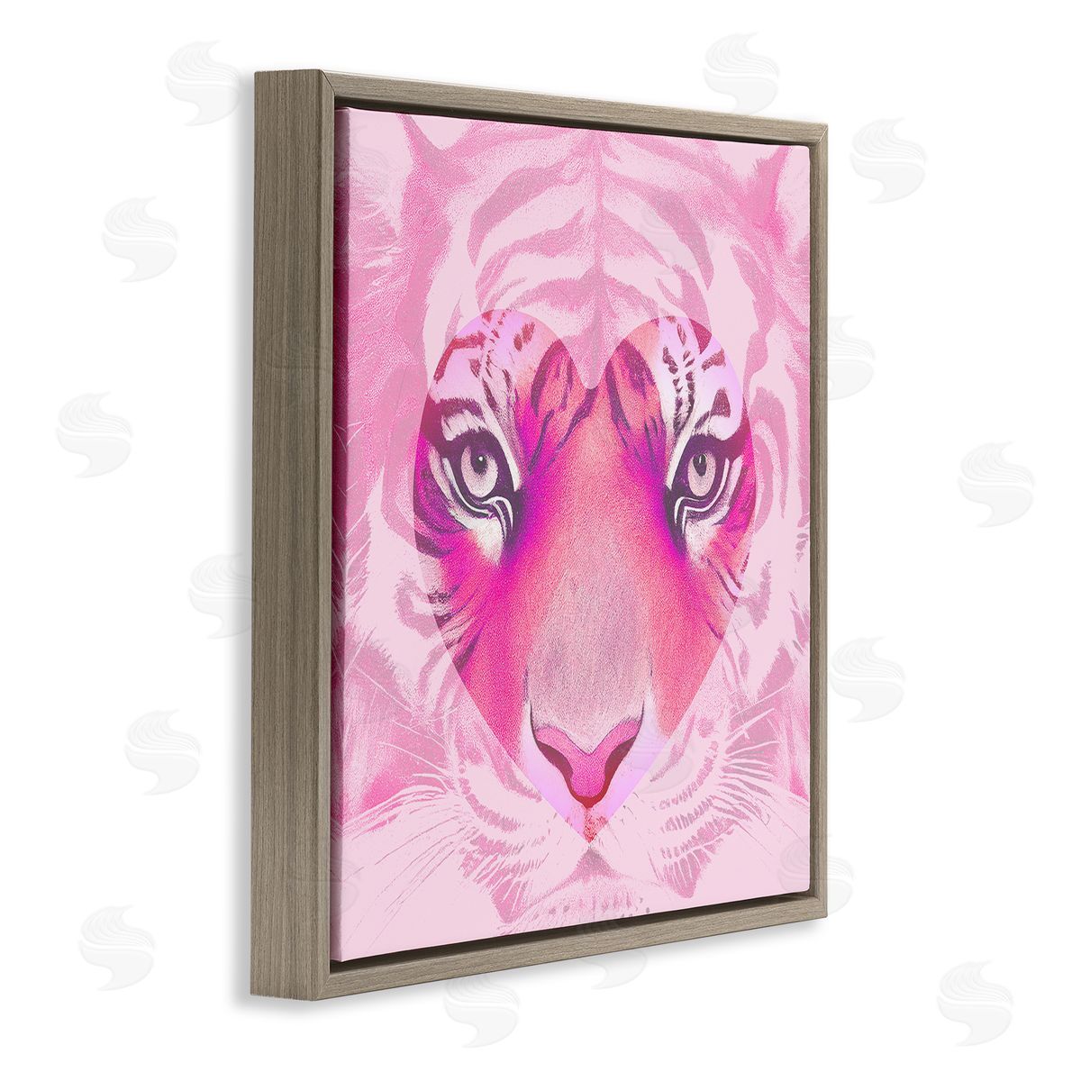 Stupell Studio Pink Heart Tiger Face Brown Floating Frame Canvas Wall Art Print