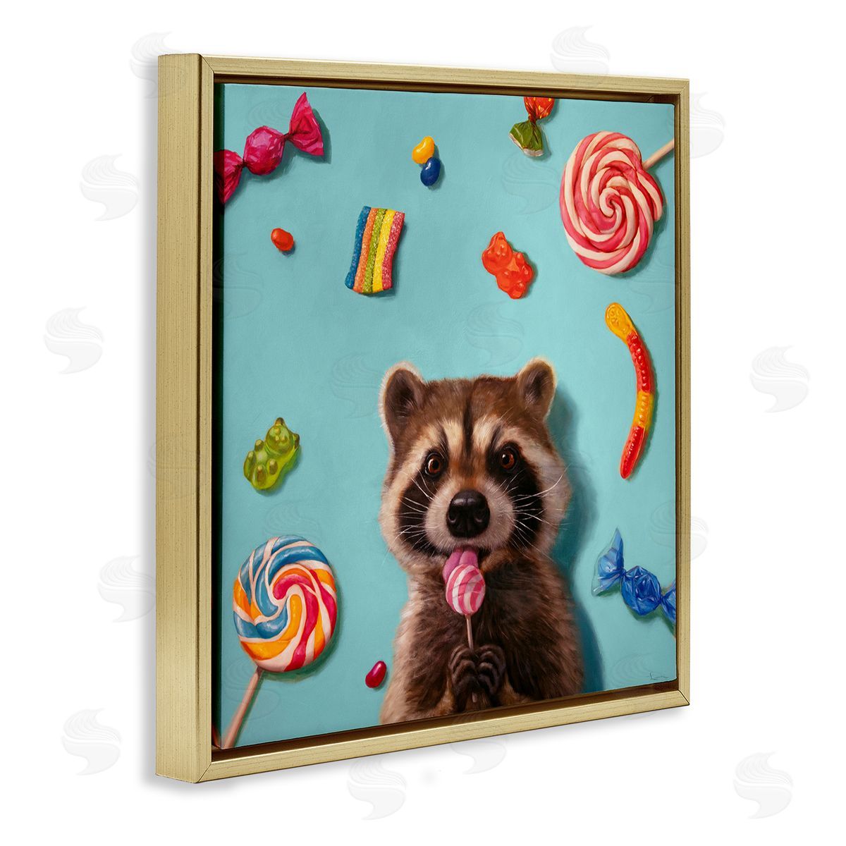 Lucia Heffernan Raccoon & Sweets Candies Gold Floating Frame Canvas Wall Art Print