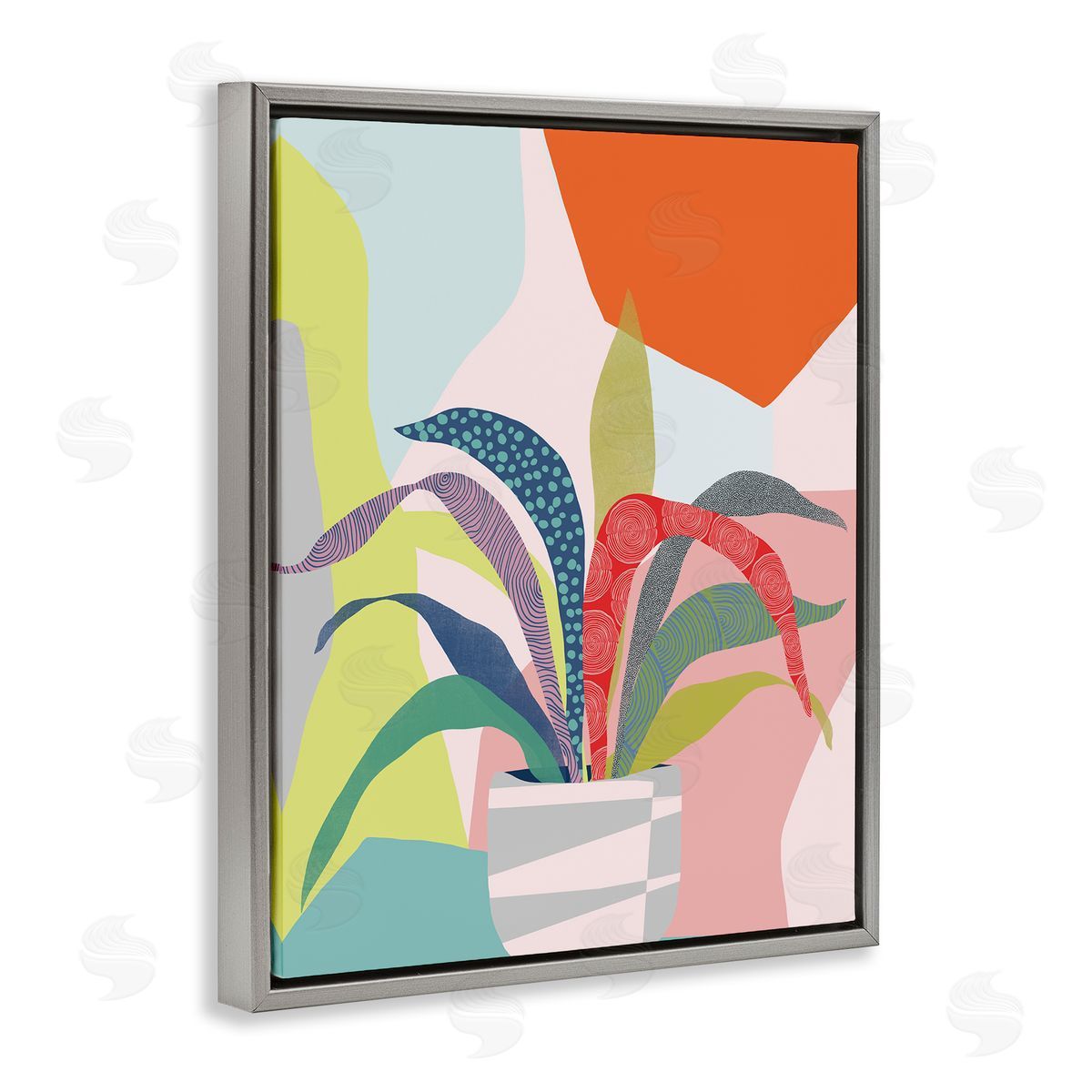 Ioana Horvat Modern Geometric Plant Leaves Gray Floating Frame Canvas Wall Art Print