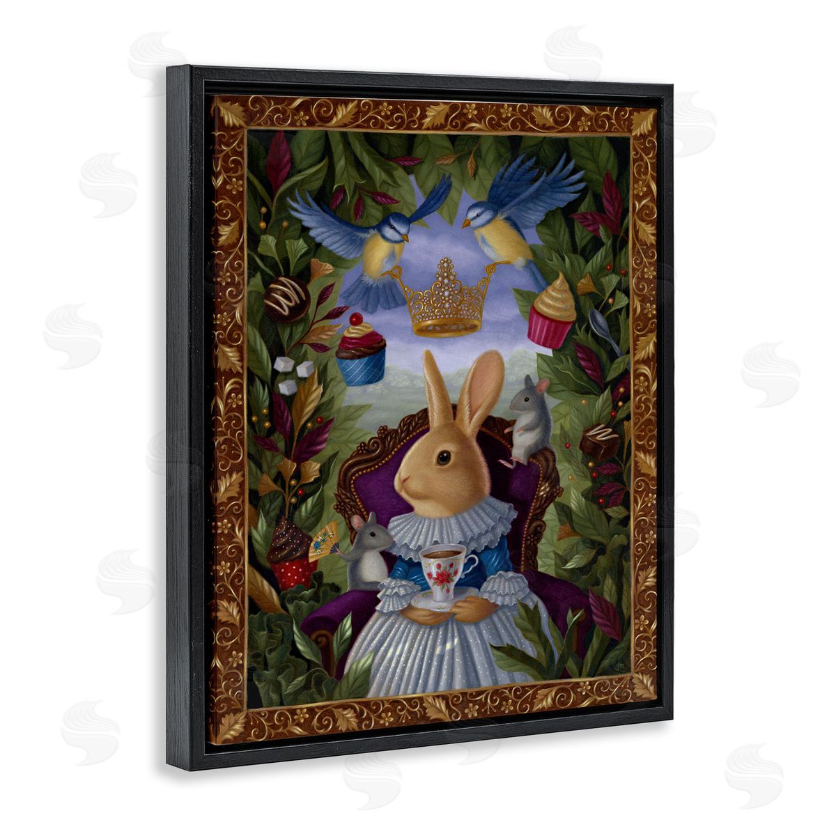 Gina Matarazzo Classic Rabbit Tea Party Black Floating Frame Canvas Wall Art Print