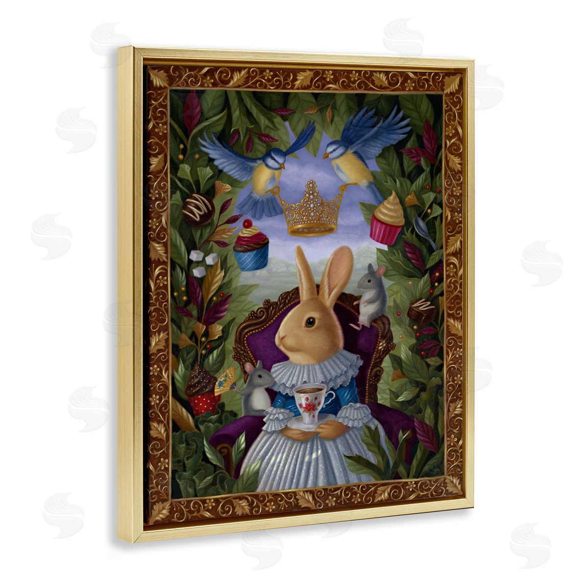 Gina Matarazzo Classic Rabbit Tea Party Gold Floating Frame Canvas Wall Art Print