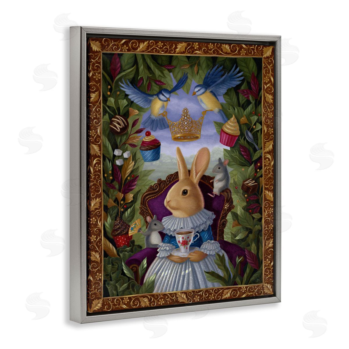 Gina Matarazzo Classic Rabbit Tea Party Gray Floating Frame Canvas Wall Art Print