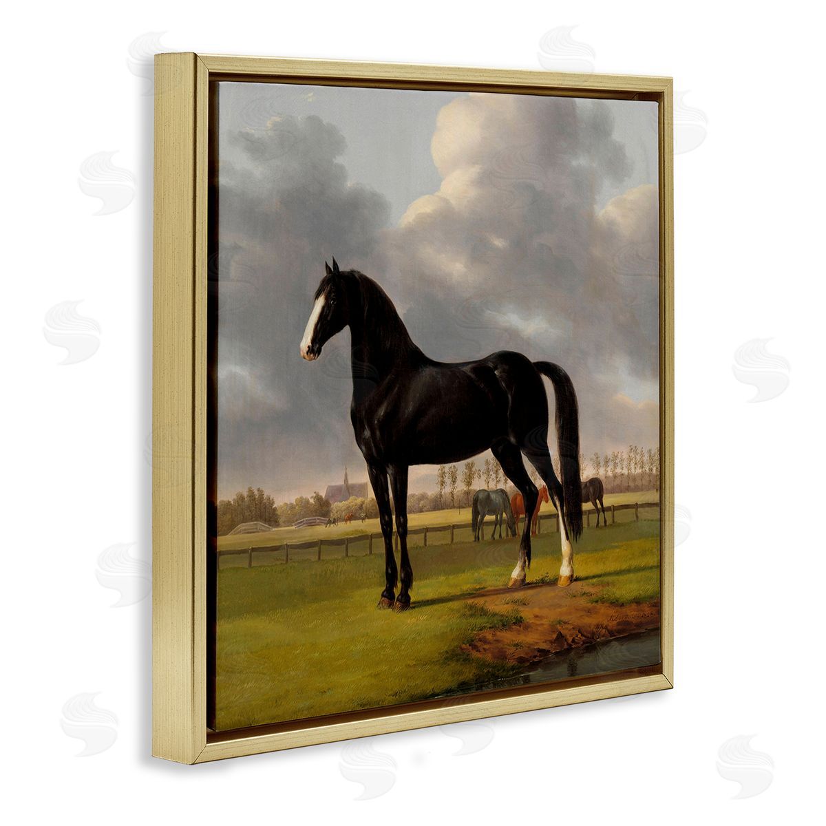 Classic Black Stallion Gold Floating Frame Canvas Wall Art, Home Decor by Anthony Oberman
