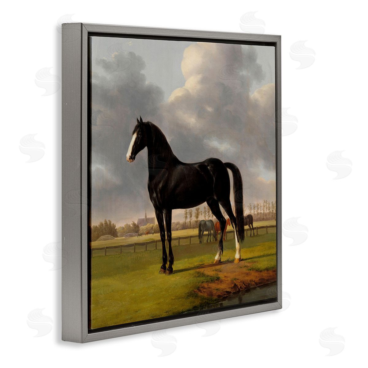 Classic Black Stallion Grey Floating Frame Canvas Wall Art, Home Decor by Anthony Oberman