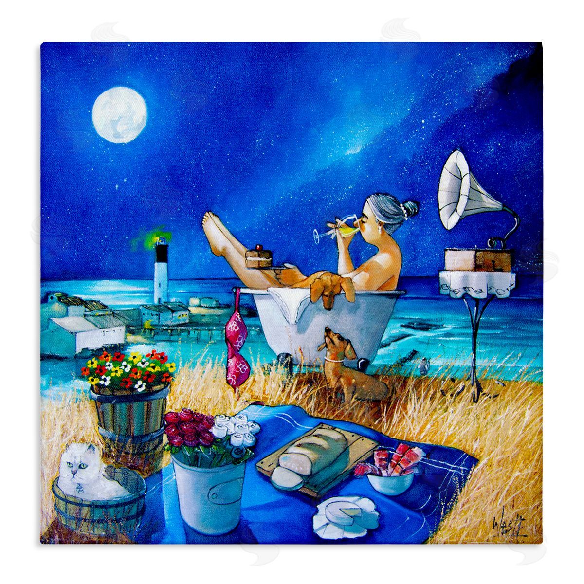 Ronald West Nighttime Bath by Sea Canvas Wall Art Print