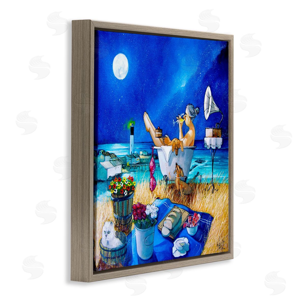 Ronald West Nighttime Bath by Sea Brown Floating Frame Canvas Wall Art Print