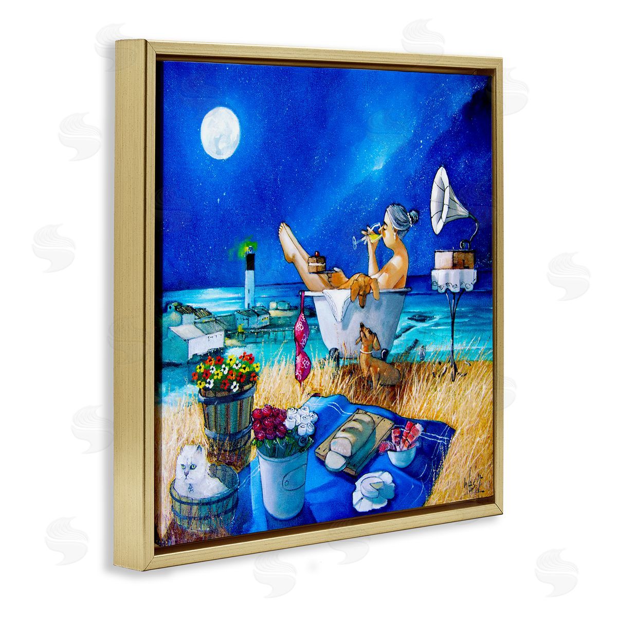 Ronald West Nighttime Bath by Sea Gold Floating Frame Canvas Wall Art Print