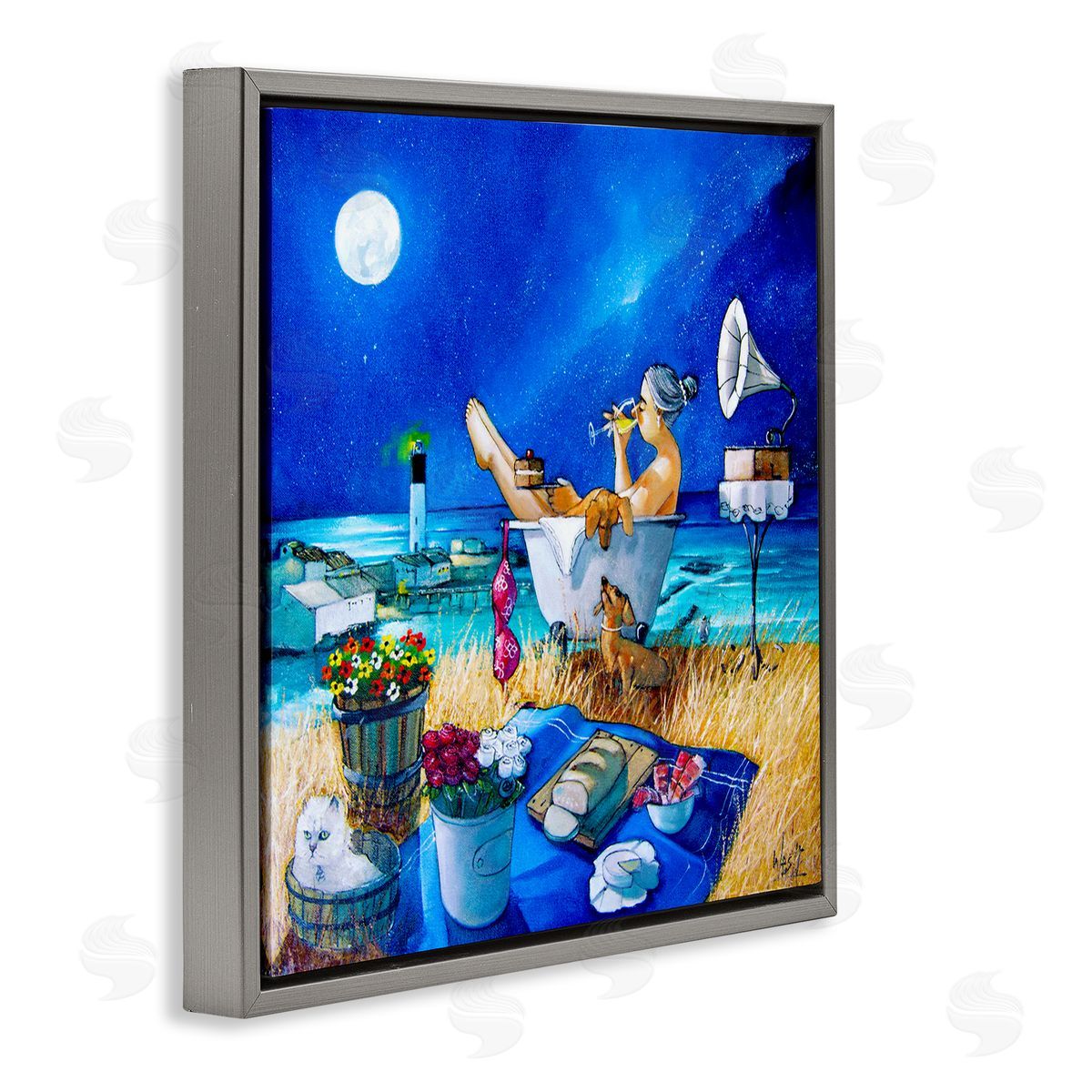 Ronald West Nighttime Bath by Sea Gray Floating Frame Canvas Wall Art Print